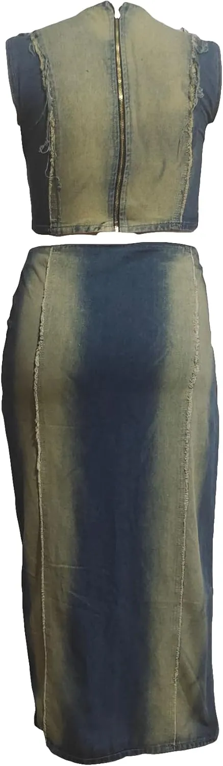 Ecirod 2 Piece Denim Outfit for Women Summer Ripped Hole Sleeveless Mock Neck Crop Tops High Slit Maxi Jean Skirt Set