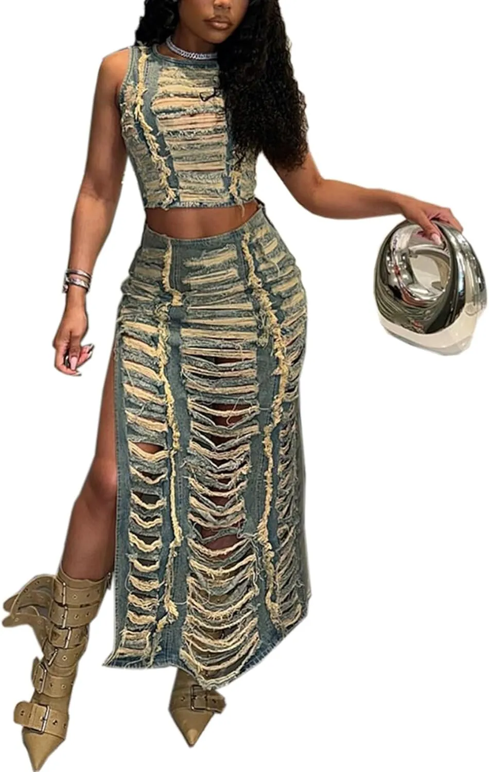 Ecirod 2 Piece Denim Outfit for Women Summer Ripped Hole Sleeveless Mock Neck Crop Tops High Slit Maxi Jean Skirt Set