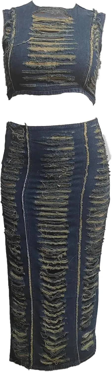 Ecirod 2 Piece Denim Outfit for Women Summer Ripped Hole Sleeveless Mock Neck Crop Tops High Slit Maxi Jean Skirt Set