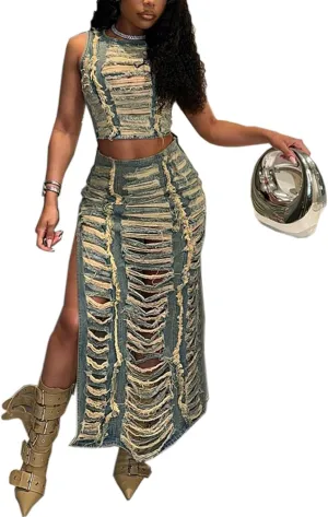 Ecirod 2 Piece Denim Outfit for Women Summer Ripped Hole Sleeveless Mock Neck Crop Tops High Slit Maxi Jean Skirt Set