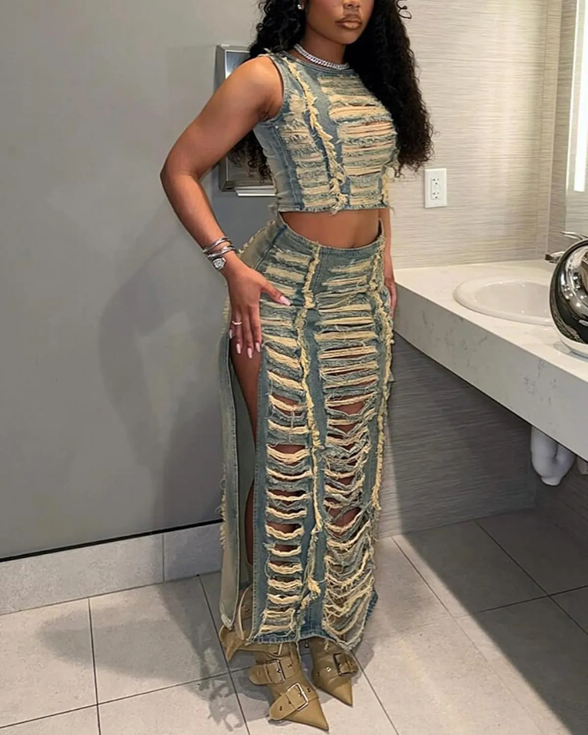 Ecirod 2 Piece Denim Outfit for Women Summer Ripped Hole Sleeveless Mock Neck Crop Tops High Slit Maxi Jean Skirt Set