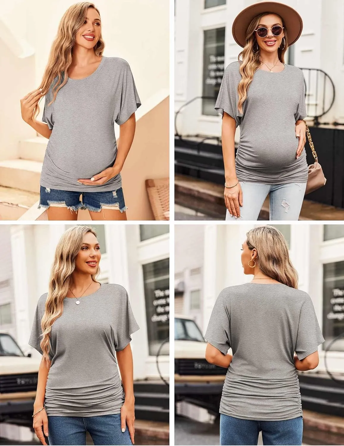 Ekouaer Maternity Shirts 3 Packs Dolman Sleeve Side Ruched Tops Tunic Casual Pregnancy Clothes