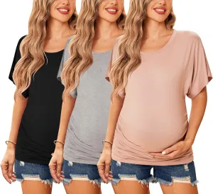 Ekouaer Maternity Shirts 3 Packs Dolman Sleeve Side Ruched Tops Tunic Casual Pregnancy Clothes