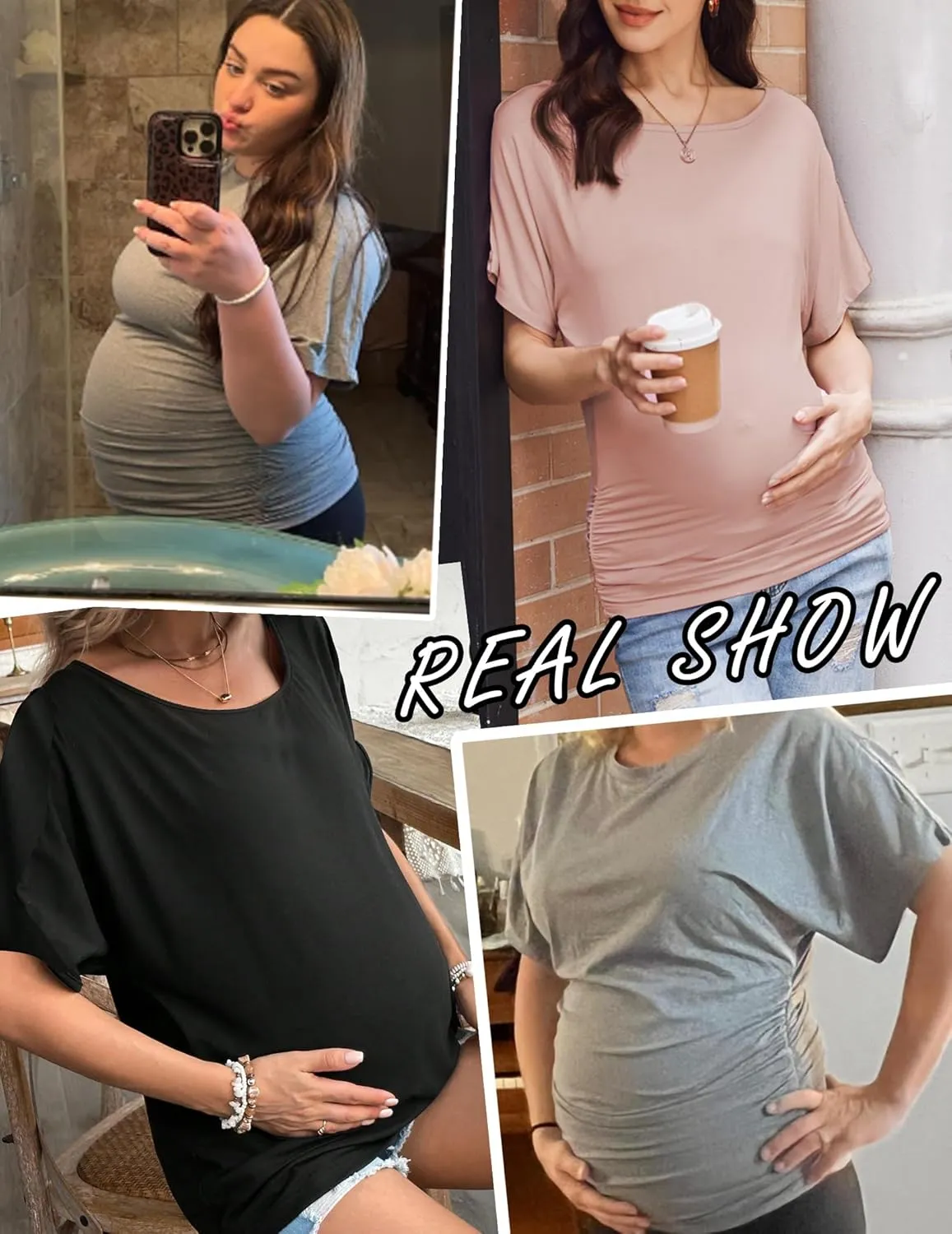 Ekouaer Maternity Shirts 3 Packs Dolman Sleeve Side Ruched Tops Tunic Casual Pregnancy Clothes