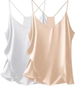 Ekouaer Womens Satin Cami Tops 2 Pack V Neck Silk Camisole Tank Top Spaghetti Strap Racerback Camis Blouse Shirt