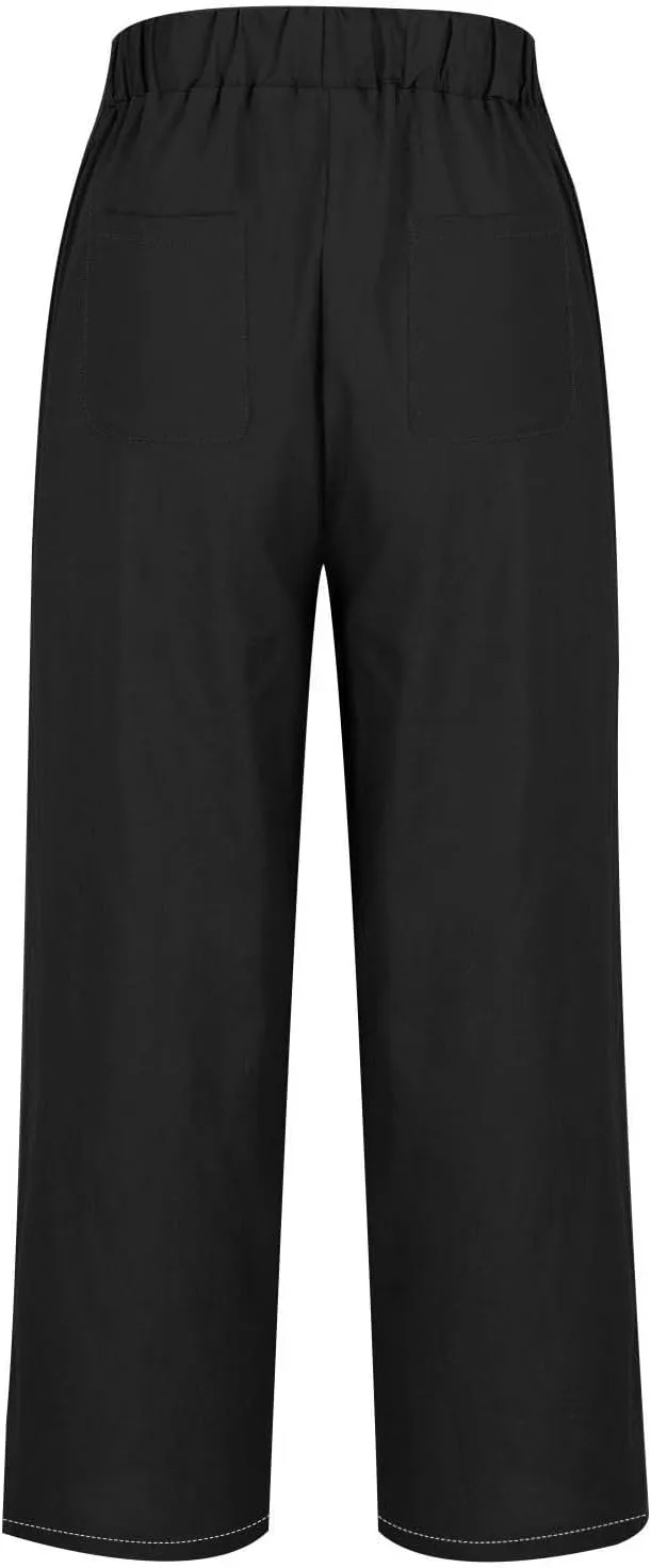 Elastic Waist Pants for Women Trendy 2024 Summer Casual Straight Leg Cotton Linen Pants Cropped Lounge Trousers