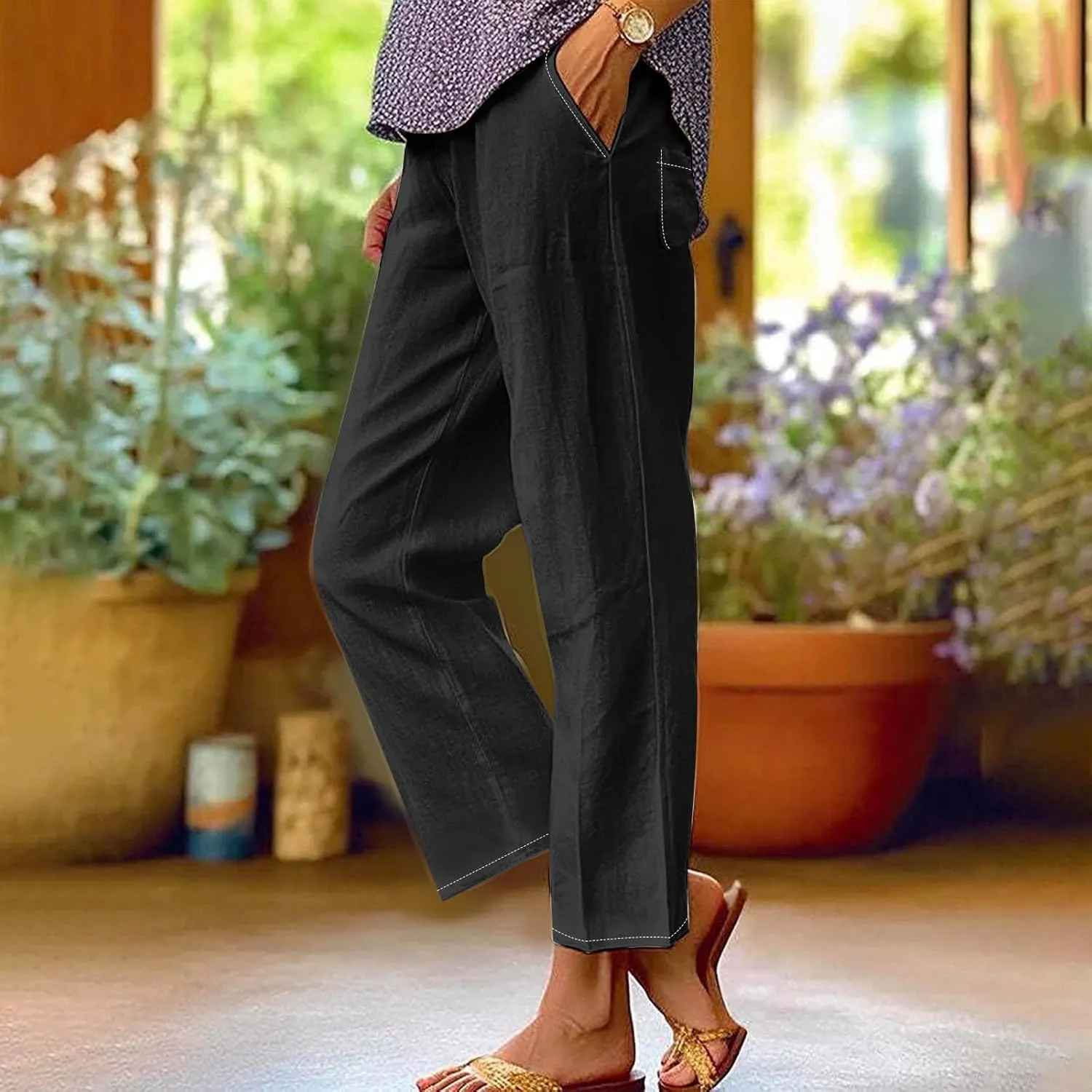 Elastic Waist Pants for Women Trendy 2024 Summer Casual Straight Leg Cotton Linen Pants Cropped Lounge Trousers