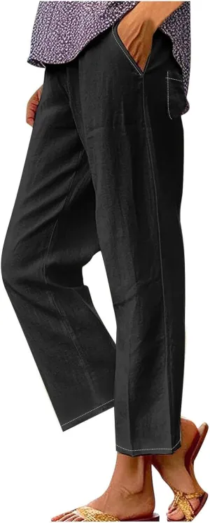 Elastic Waist Pants for Women Trendy 2024 Summer Casual Straight Leg Cotton Linen Pants Cropped Lounge Trousers