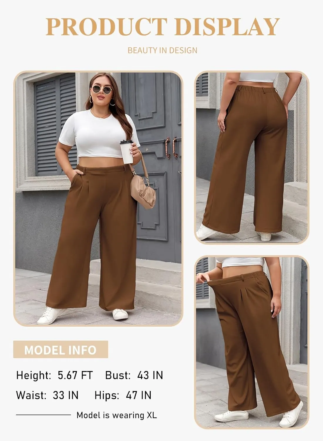 Eytino Womens Plus Size Wide Leg Dress Pants Elastic High Waisted Casual Waffle Palazzo Pants Trousers with Pockets(1X-5X)