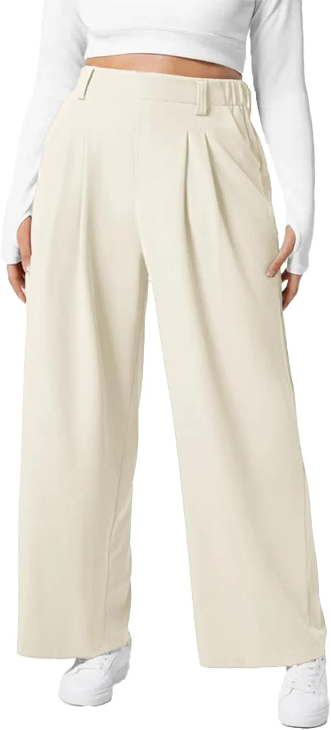 Eytino Womens Plus Size Wide Leg Dress Pants Elastic High Waisted Casual Waffle Palazzo Pants Trousers with Pockets(1X-5X)