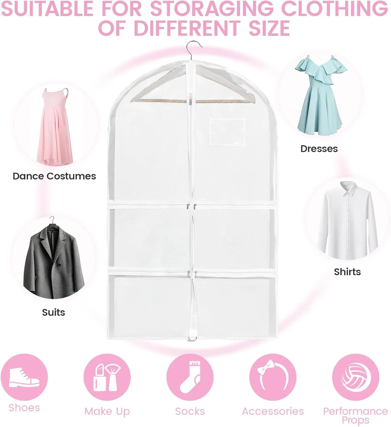 Fanwoli Dance Costume Bags (4 Pack Clear PVC), 40 Inch Garment Bag for Dance Competitions, Cheerleader Uniform Bag, with 4 Zipper Pockets