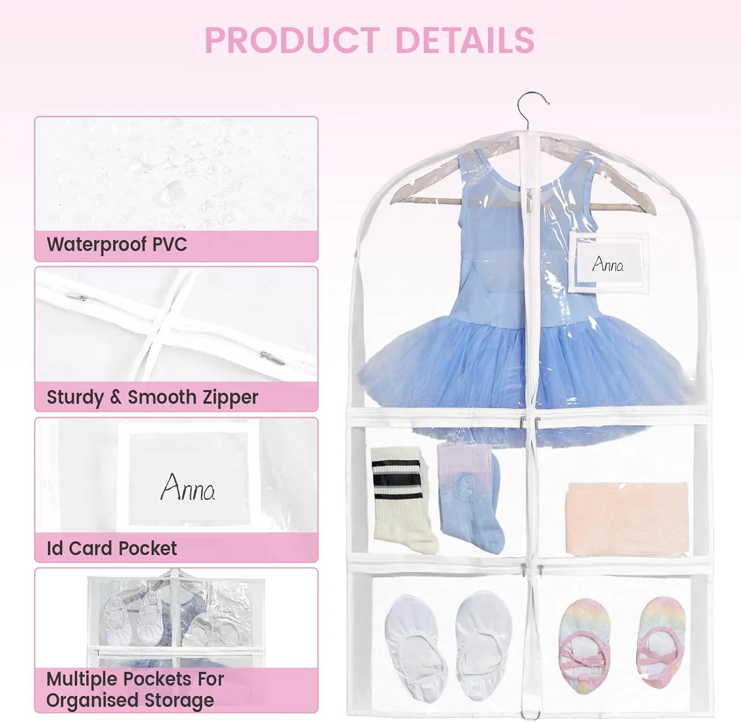 Fanwoli Dance Costume Bags (4 Pack Clear PVC), 40 Inch Garment Bag for Dance Competitions, Cheerleader Uniform Bag, with 4 Zipper Pockets