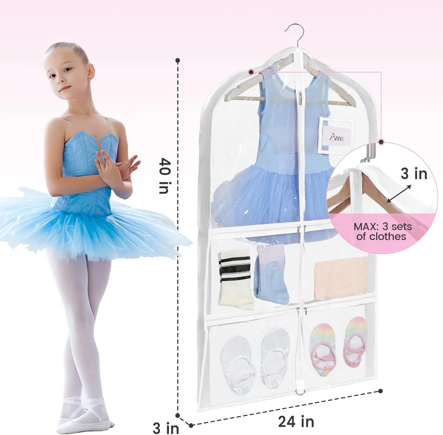 Fanwoli Dance Costume Bags (4 Pack Clear PVC), 40 Inch Garment Bag for Dance Competitions, Cheerleader Uniform Bag, with 4 Zipper Pockets