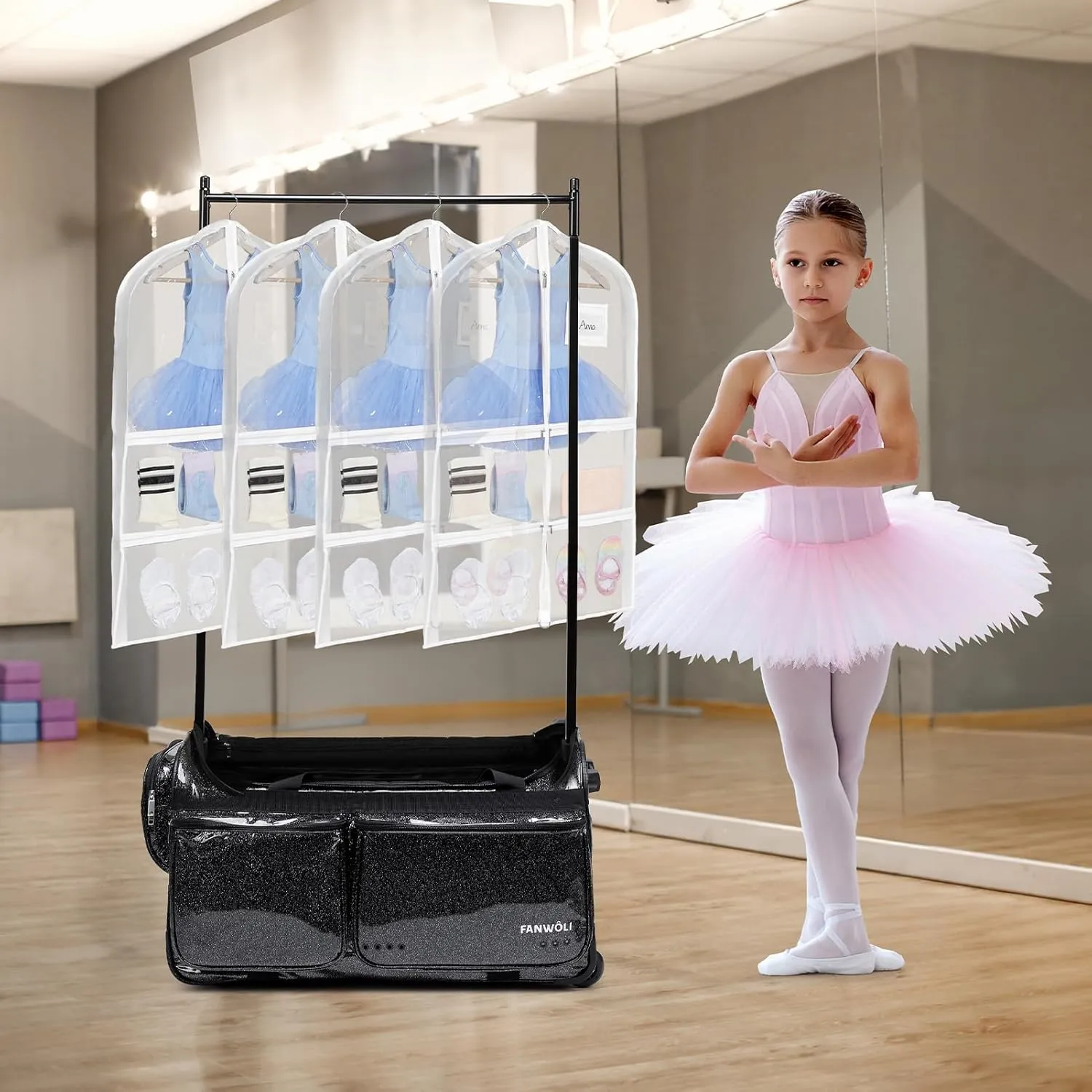 Fanwoli Dance Costume Bags (4 Pack Clear PVC), 40 Inch Garment Bag for Dance Competitions, Cheerleader Uniform Bag, with 4 Zipper Pockets