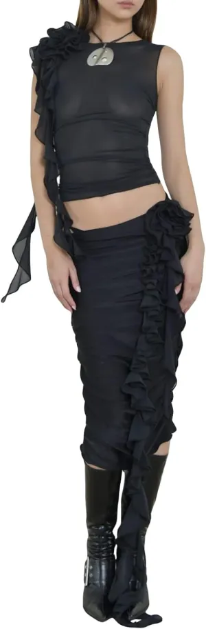 Faretumiya 3D Floral Tassel Skirt Set Women 2 Piece Sheer Mesh Crop Tank Tops Bodycon Ruffles Mini Skirt Sets Y2k Streetwear