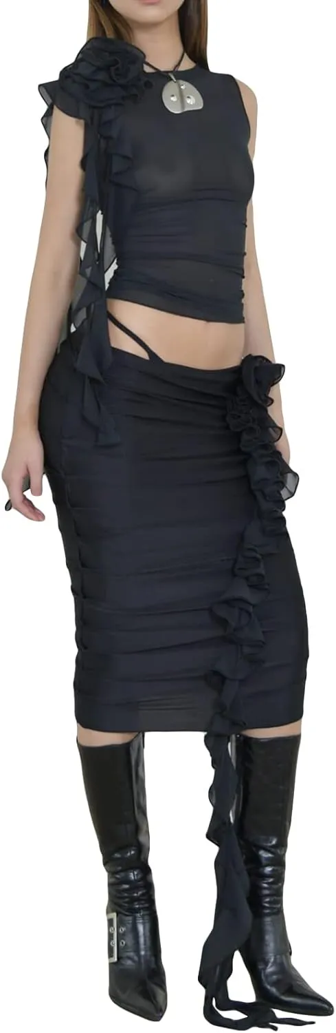 Faretumiya 3D Floral Tassel Skirt Set Women 2 Piece Sheer Mesh Crop Tank Tops Bodycon Ruffles Mini Skirt Sets Y2k Streetwear