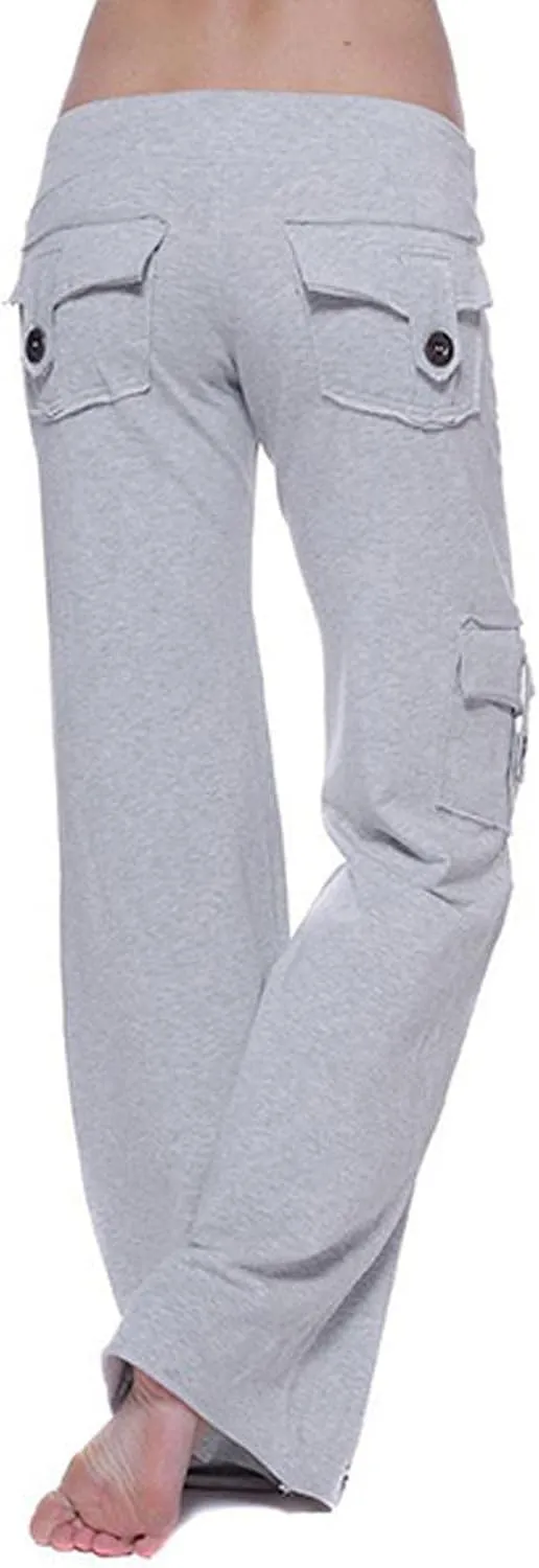 fartey Cargo Pants Women Drawstring High Waist Wide Leg Yoga Pants Baggy Bootcut Workout Gym Trousers with Button Pockets