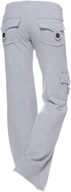 fartey Cargo Pants Women Drawstring High Waist Wide Leg Yoga Pants Baggy Bootcut Workout Gym Trousers with Button Pockets