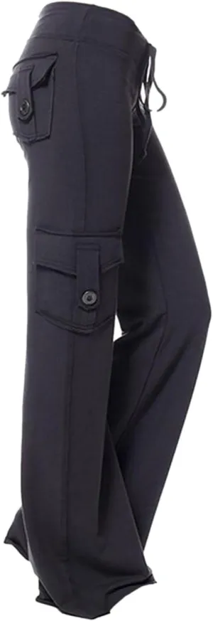 fartey Cargo Pants Women Drawstring High Waist Wide Leg Yoga Pants Baggy Bootcut Workout Gym Trousers with Button Pockets
