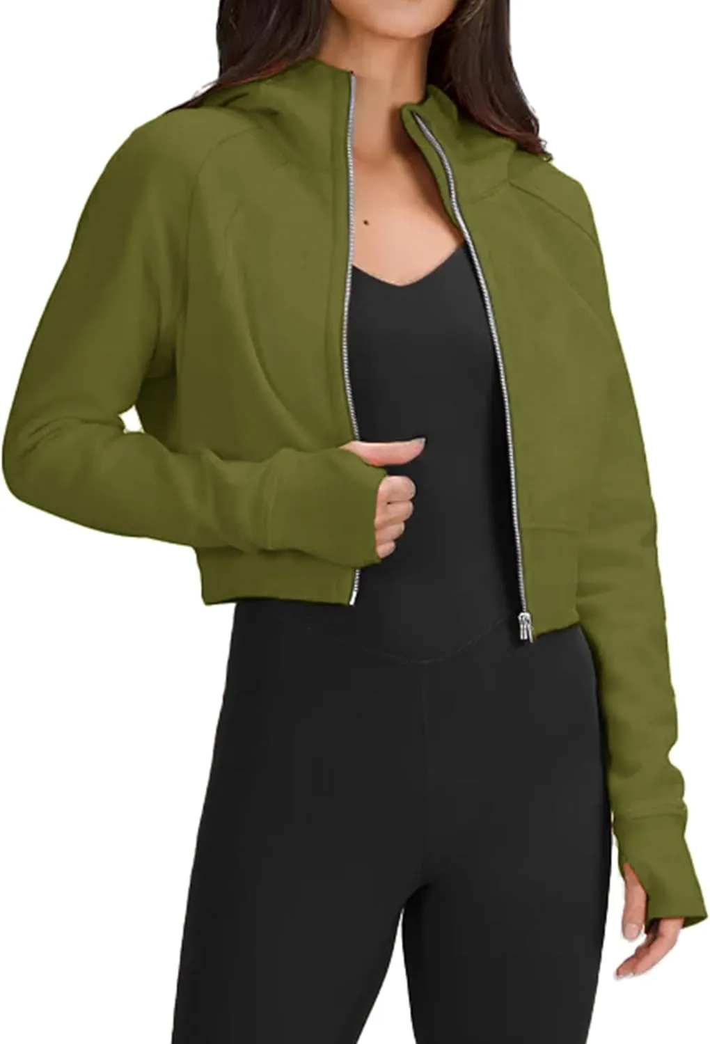 Fengbay Zip Up Hoodies for Women,Long Sleeve Fleece Lined Casual Cropped Hoodie Sweatshirts with Thumb Hole