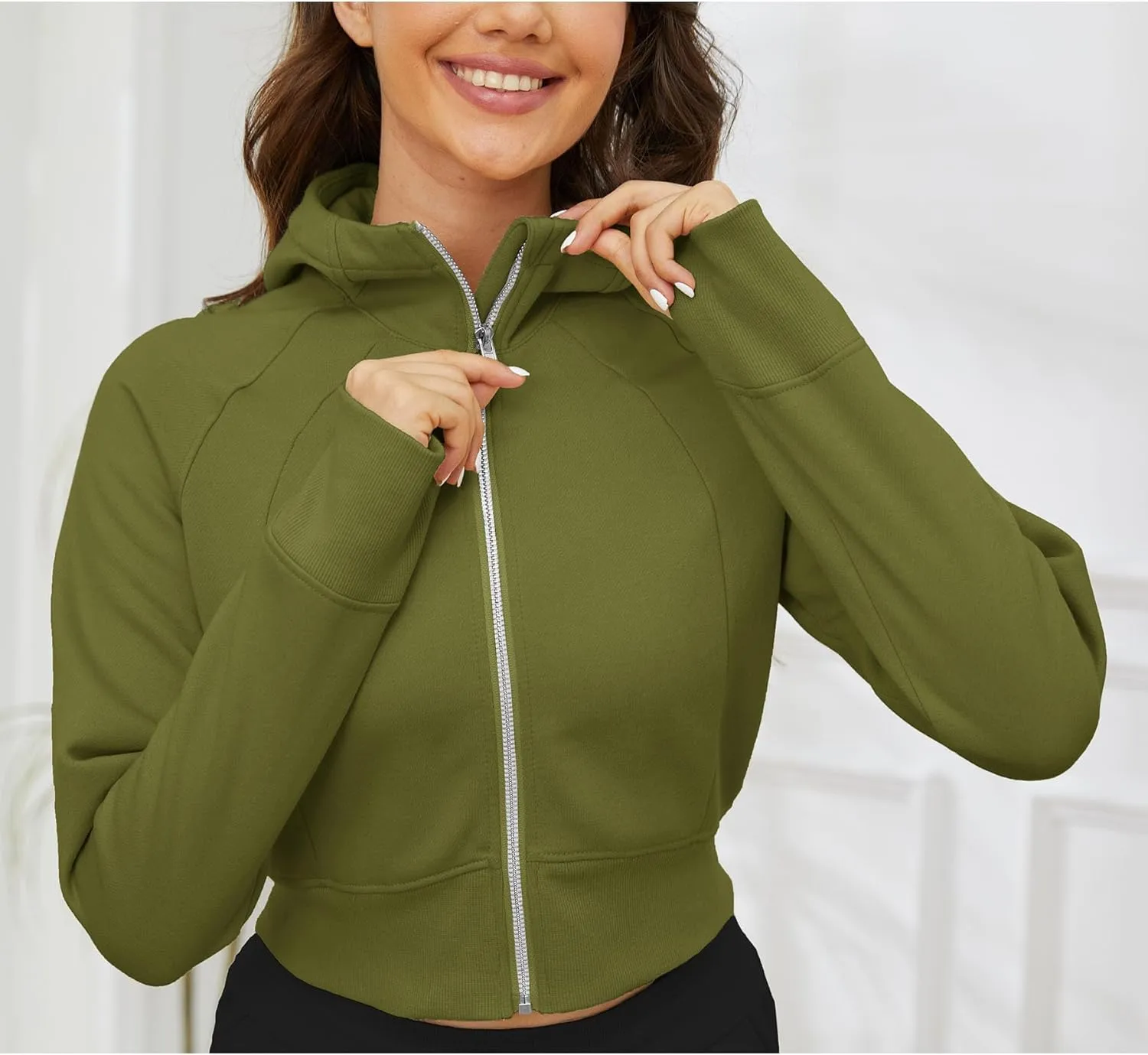 Fengbay Zip Up Hoodies for Women,Long Sleeve Fleece Lined Casual Cropped Hoodie Sweatshirts with Thumb Hole