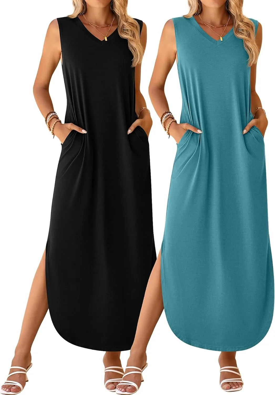 Ficerd 2 Pcs Women's Maxi Dresses Summer Sleeveless Beach Long Dress V Neck Casual Loose Split Sundress with Pockets