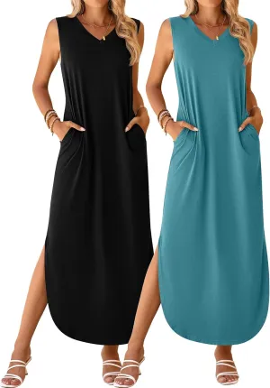 Ficerd 2 Pcs Women's Maxi Dresses Summer Sleeveless Beach Long Dress V Neck Casual Loose Split Sundress with Pockets