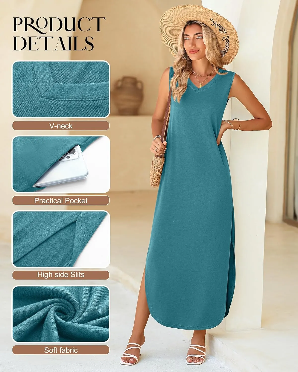 Ficerd 2 Pcs Women's Maxi Dresses Summer Sleeveless Beach Long Dress V Neck Casual Loose Split Sundress with Pockets