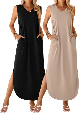 Ficerd 2 Pcs Women's Maxi Dresses Summer Sleeveless Beach Long Dress V Neck Casual Loose Split Sundress with Pockets