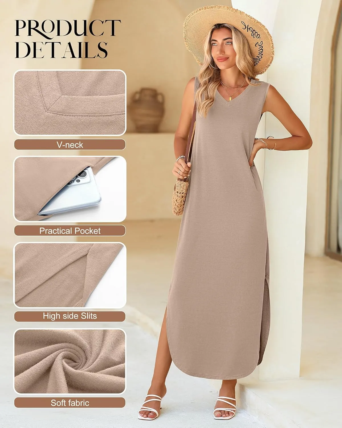 Ficerd 2 Pcs Women's Maxi Dresses Summer Sleeveless Beach Long Dress V Neck Casual Loose Split Sundress with Pockets