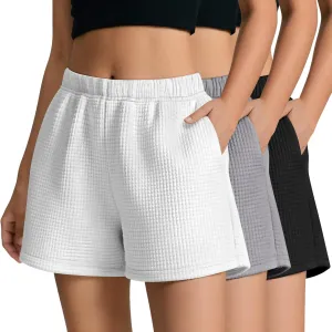 Ficerd 3 Pack Women's Sweat Shorts Waffle Knit Elastic High Waisted Lounge Summer Casual Comfy Outfit with Pockets