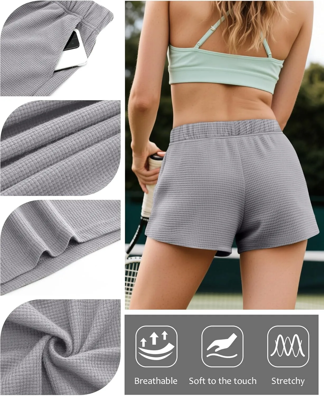 Ficerd 3 Pack Women's Sweat Shorts Waffle Knit Elastic High Waisted Lounge Summer Casual Comfy Outfit with Pockets