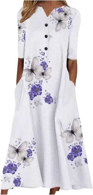 FlekmanArt Dresses for Women 2023 Casual Button-Up Solid Color Printed Dress Small V-Neck Loose 1/2 Sleeve Dress with Pocket
