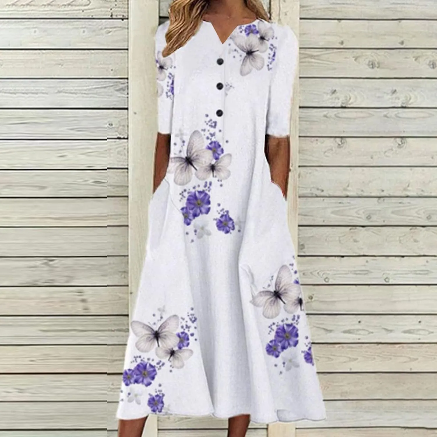 FlekmanArt Dresses for Women 2023 Casual Button-Up Solid Color Printed Dress Small V-Neck Loose 1/2 Sleeve Dress with Pocket