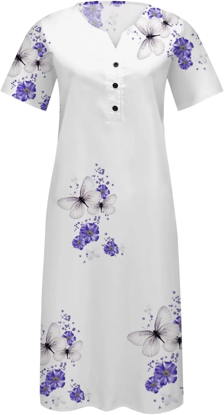 FlekmanArt Dresses for Women 2023 Casual Button-Up Solid Color Printed Dress Small V-Neck Loose 1/2 Sleeve Dress with Pocket
