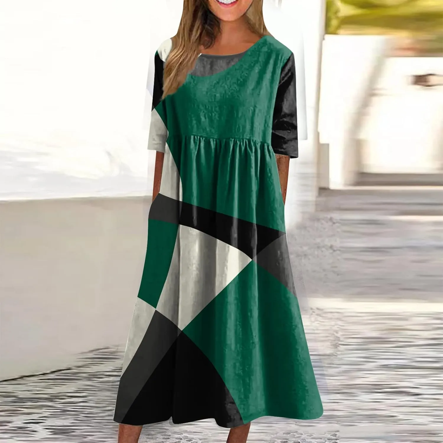 FlekmanArt Dresses for Women 2024 Round Neck Pocket Long Dresses Pleated Printed Dresses Short Sleeve Casual Beach Dress