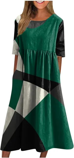FlekmanArt Dresses for Women 2024 Round Neck Pocket Long Dresses Pleated Printed Dresses Short Sleeve Casual Beach Dress