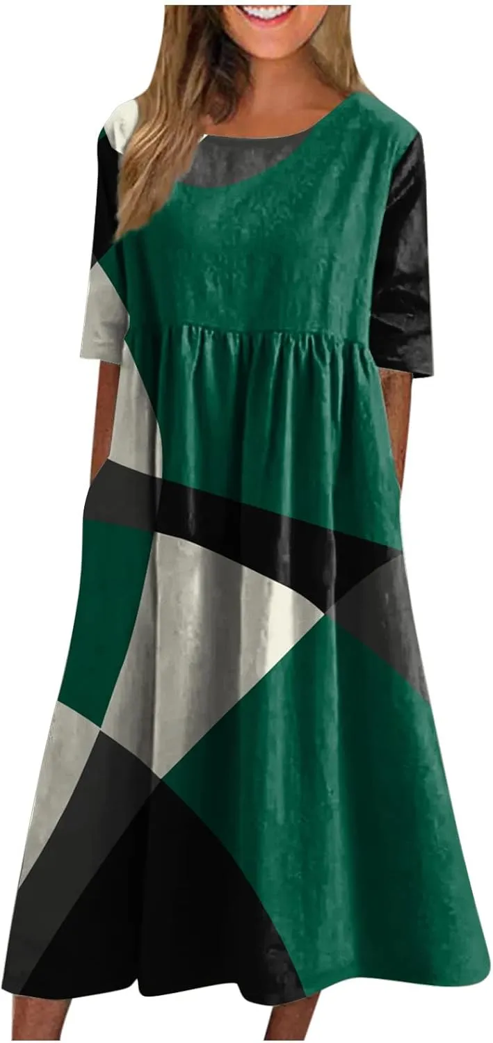 FlekmanArt Dresses for Women 2024 Round Neck Pocket Long Dresses Pleated Printed Dresses Short Sleeve Casual Beach Dress