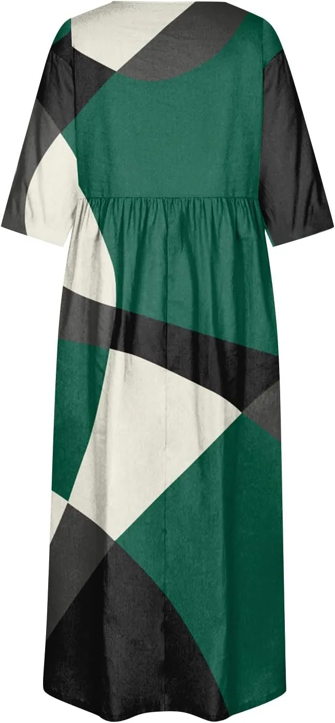 FlekmanArt Dresses for Women 2024 Round Neck Pocket Long Dresses Pleated Printed Dresses Short Sleeve Casual Beach Dress