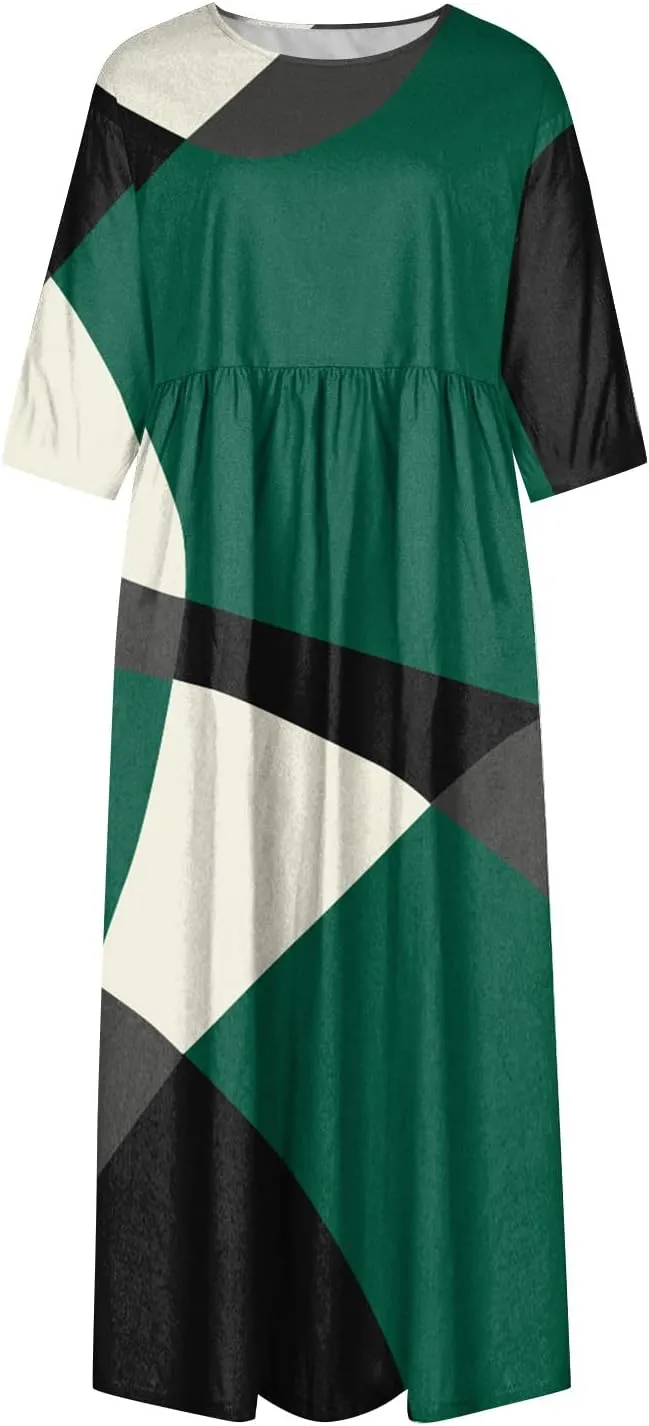 FlekmanArt Dresses for Women 2024 Round Neck Pocket Long Dresses Pleated Printed Dresses Short Sleeve Casual Beach Dress