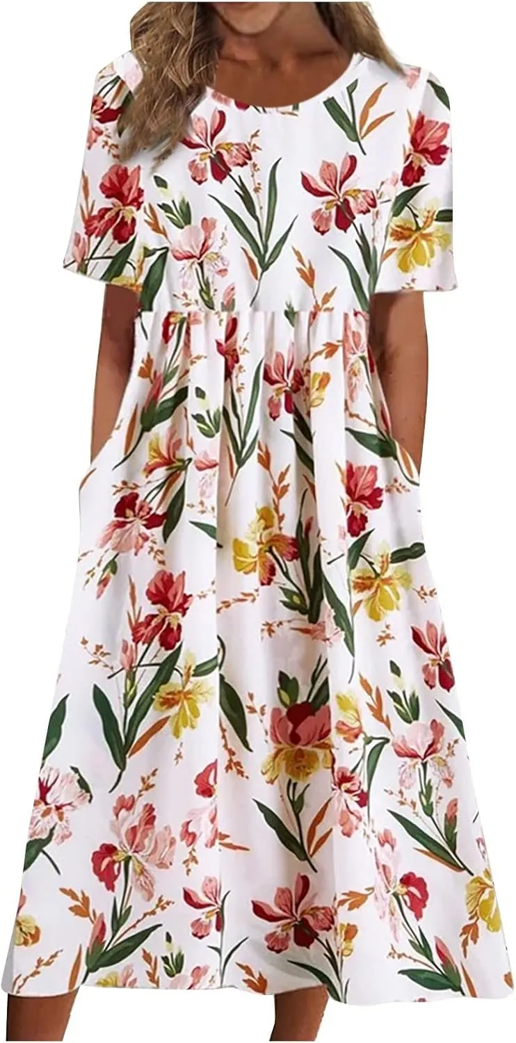 FlekmanArt Dresses for Women 2025 Short Sleeve Pocket Dresses Pleated Printed Beach Dress Round Neck Loose Maxi Dress