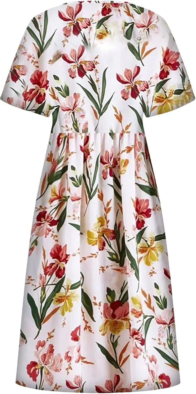 FlekmanArt Dresses for Women 2025 Short Sleeve Pocket Dresses Pleated Printed Beach Dress Round Neck Loose Maxi Dress