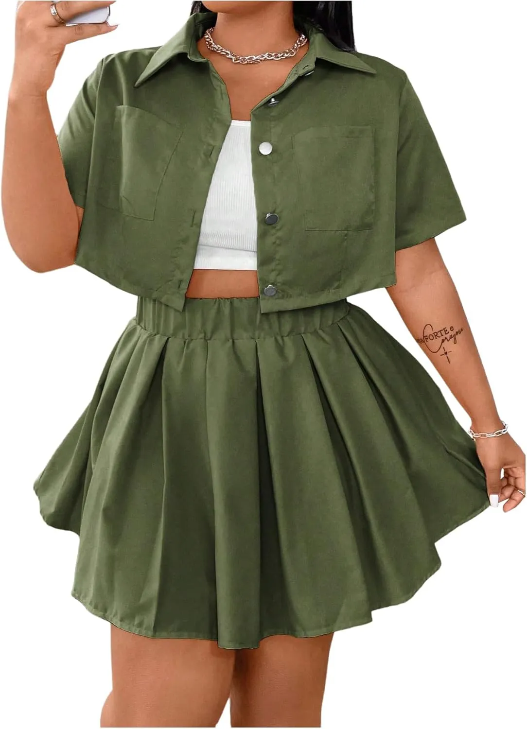 Floerns Women's Plus Size Two Piece Sets Cropped Shirts and Pleated Mini Skirts Outfits