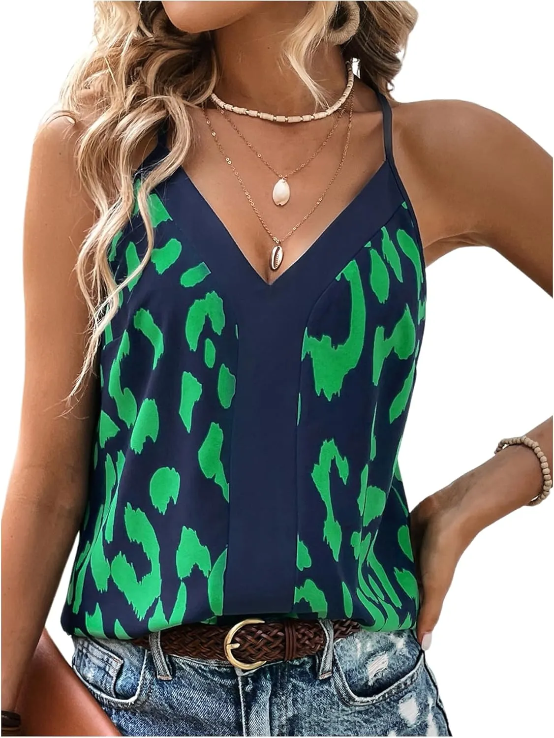 Floerns Women's Printed V Neck Colorblock Camisole Sleeveless Casual Cami Tops