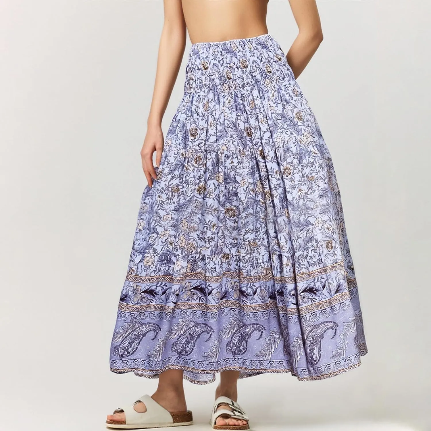 Floral Pleated Skirts for Women Midi Length Summer Casual Boho High Waisted Flowy Plus Size Tiered A Line Skirt