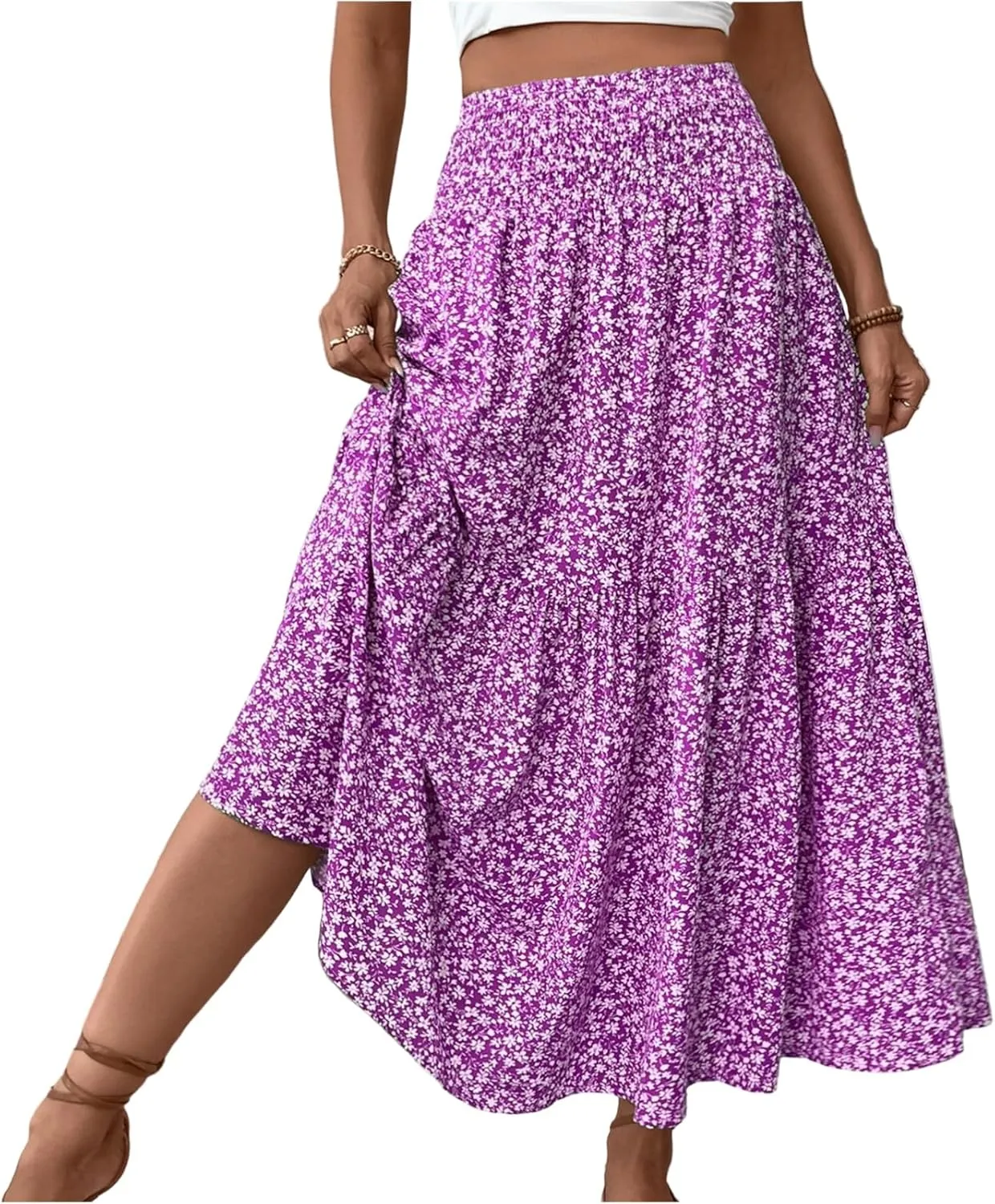 Floral Pleated Skirts for Women Midi Length Summer Casual Boho High Waisted Flowy Plus Size Tiered A Line Skirt