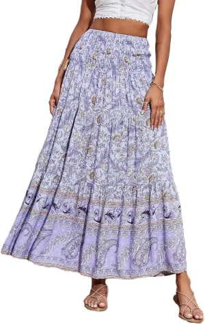 Floral Pleated Skirts for Women Midi Length Summer Casual Boho High Waisted Flowy Plus Size Tiered A Line Skirt