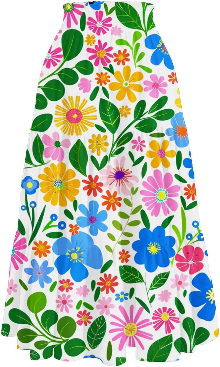 Flowy Midi Skirts for Women 2025 Summer Casual Floral High Waisted Plus Size Long Boho Work Skirt with Pockets