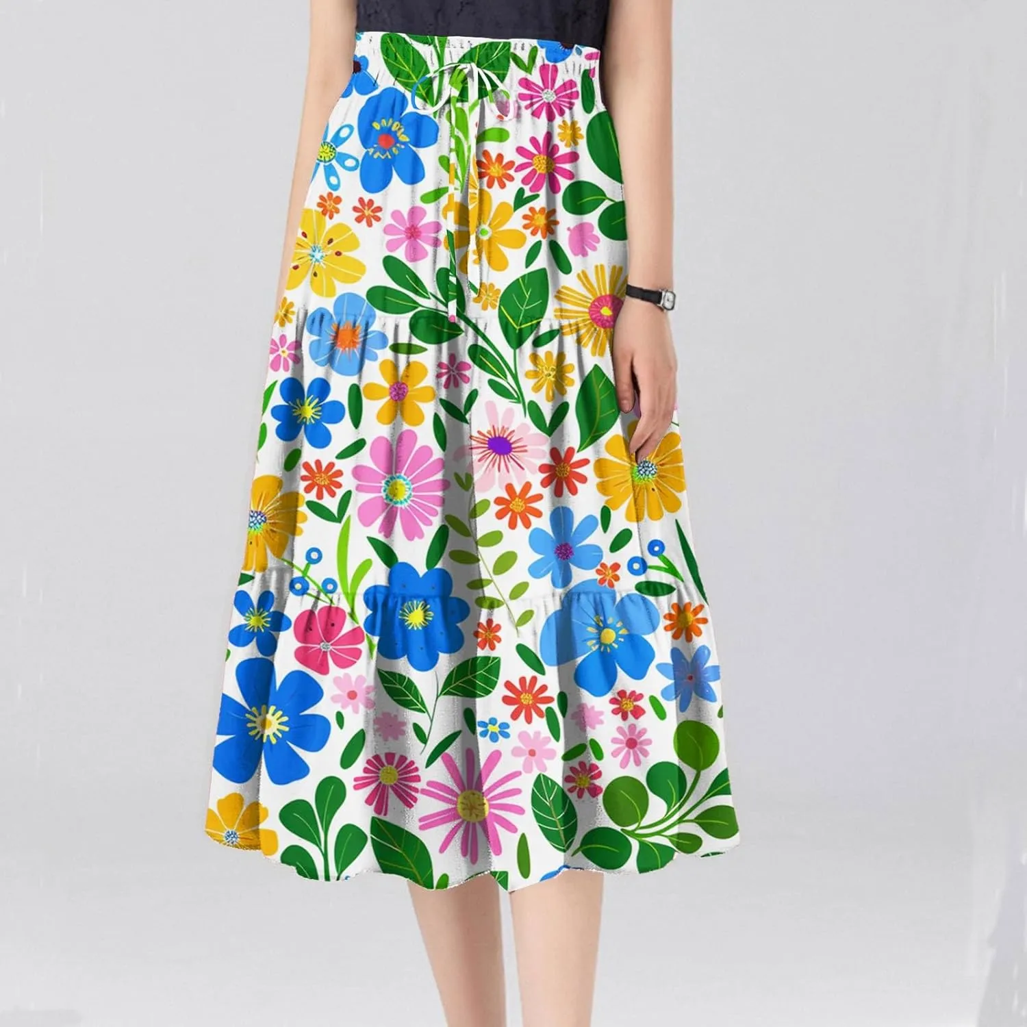 Flowy Midi Skirts for Women 2025 Summer Casual Floral High Waisted Plus Size Long Boho Work Skirt with Pockets