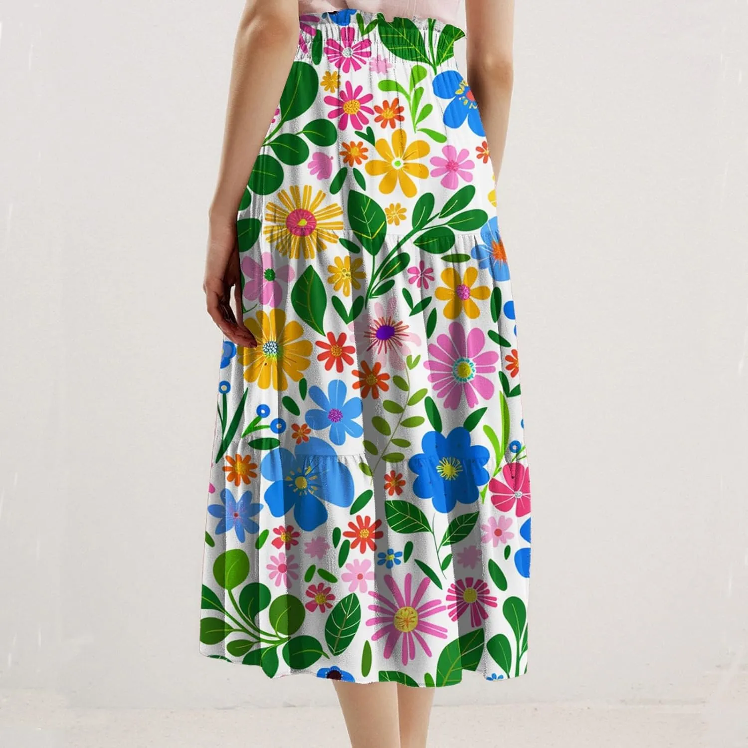 Flowy Midi Skirts for Women 2025 Summer Casual Floral High Waisted Plus Size Long Boho Work Skirt with Pockets